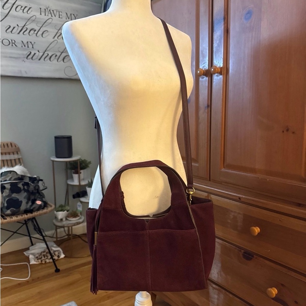 Vince Camuto Burgundy Suede Satchel with Crossbody Strap